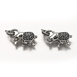 Platinum Brass Micro Pave Black Cubic Zirconia Lobster Claw Clasps, with Bail Beads/Tube Bails, Long-Lasting Plated, Elephant, Platinum, 17.5x25x6mm, Hole: 1.2mm