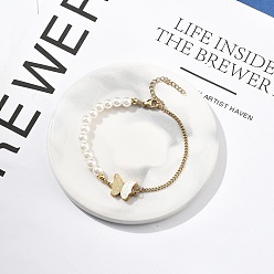 Золотой 304 браслеты из нержавеющей стали с панцирными цепями для женщин, с подвесками в виде бабочек и пластиковой жемчужиной, ионное покрытие (ip) покрытый, золотые, 7-3/8 дюйм (18.8 см)