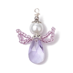 лаванда Стеклянные подвески, ангельские прелести, со стеклянной жемчужной бусиной и 304 шовными бусинами из нержавеющей стали и петлей, граненые, лаванда, 32.5~33x22~25x8 мм, отверстие : 1.8 мм