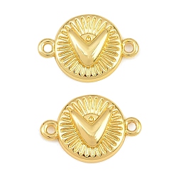 Chapado en Oro Real 18K Dijes de conector de latón, plano redondo con enlaces del Sagrado Corazón, sin plomo y cadmio, chapado en rack, larga duración plateado, real 18 k chapado en oro, 10x14.5x2.5 mm, agujero: 1.2 mm