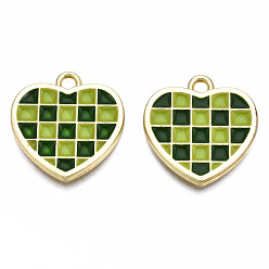 Green Rack Plating Alloy Checkerboard Pendants, with Enamel, Cadmium Free & Lead Free, Light Gold, Heart with Grid Pattern, Green, 18.5x18x2mm, Hole: 2mm