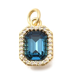 Стально-синий Латунь стекло кулоны, прямоугольный шарм, с кубическим цирконием и прыгающим кольцом, граненые, реальный 18 k позолоченный, стальной синий, 13.5x9x5 мм, отверстие : 3 мм