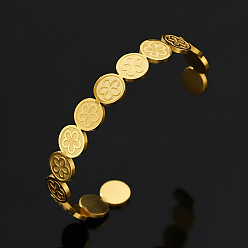 Золотой 201 женские браслеты-манжеты из нержавеющей стали, плоские круглые с цветком, золотые, внутренний диаметр: 2.32 дюйм (5.9 см)