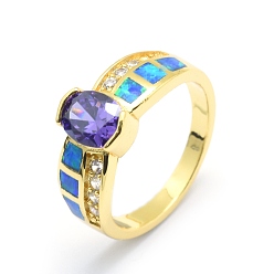 Golden Zirkonia Fingerringe, mit synthetischen Opal- und Messingbefunden, langlebig überzogen, ellipsenförmige, Größe 7, mauve, golden, 17.5 mm