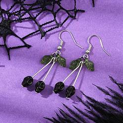 Черный Серьги-подвески в виде черепа из латуни с синтетической бирюзой, платина, чёрные, 50 мм