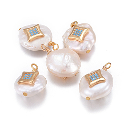 Темно-Голубой Подвески из натурального пресноводного жемчуга, с латунными микро проложить кубических выводы циркония, самородки со звездой, золотые, глубокое синее небо, 17~26x11~16x5~11 мм, отверстие : 1.6~2 мм