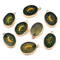 Темно-оливково-зеленый Природные подвески агат, с краем из латуни с покрытием из светлого золота и петлями из иорна, Золотой порошок, окрашенная и подогревом, овал с лунным шармом, темно-оливковый зеленый, 23~24x15~16.5x4~6.5 мм, отверстие : 1.6 мм