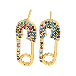 Real 18K Gold Plated Rack Plating Brass Micro Pave Clear Cubic Zirconia Stud Earring, Cadmium Free & Lead Free, Long-Lasting Plated, Brooch, Real 18K Gold Plated, 22x9mm
