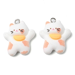 White Opaque Resin Pendants, Cat Charms, with Platinum Tone Iron Loops, White, 23.5x20x6.5mm, Hole: 1.6mm