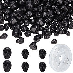 Черный Наборы для изготовления браслета с черепом на хэллоуин своими руками, в том числе синтетические бирюзовые бусины, эластичная нить, чёрные, бисер: 200 шт. / коробка