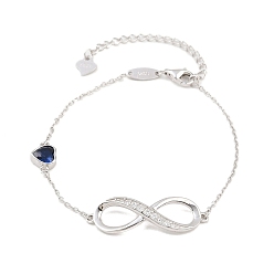 Стально-синий Бесконечность и сердце 925 браслеты из стерлингового серебра с кубическими циркониями, браслеты-цепочки для женщин, серебряные, стальной синий, 5-3/4 дюйм (14.5 см)