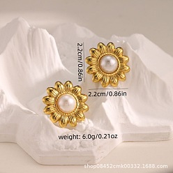 Цветок 304 Серьги-гвоздики из нержавеющей стали и пластика с жемчугом, золотые, цветок, 22x22 мм