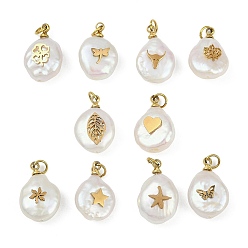 Mixed Shapes Натуральные кеши жемчужные подвески, подвески-слезинки с 316 ломтиками из нержавеющей стали, ионное покрытие (ip), реальный 18 k позолоченный, цветочный белый, разнообразные, 15~18x10~12x6~7 мм, отверстие : 2.8 мм