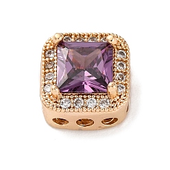 Золотой Стойки обшивки латунь микро проложить кубического циркония бусы, со стеклом, долговечный, без свинца и без кадмия, квадратный, золотые, 10x10x7 мм, отверстие : 1.8 мм