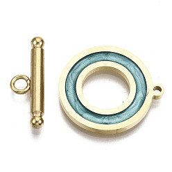 Cadet Blue 201 Stainless Steel Toggle Clasps, with Enamel, Ring, Real 18K Gold Plated, Cadet Blue, Ring: 22x20x2mm, Hole: 1.5mm, Bar: 21x7x3mm, Hole: 2mm