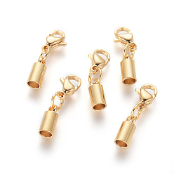 Golden 304 Stainless Steel Lobster Claw Clasps, with Cord Ends, Column, Golden, 20mm, Inner Diameter: 3.2mm