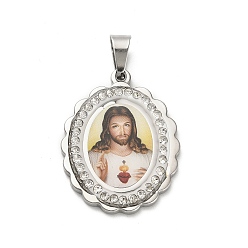 Нержавеющая Сталь Цвет 304 подвески из нержавеющей стали, овальные амулеты, с полимерной глиной кристалла горного хрусталем, цвет нержавеющей стали, 35.5x27.5x3.5 мм, отверстие : 9x4 мм