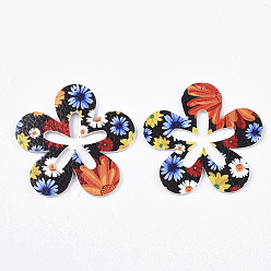 Farbig Pu-Leder große Anhänger, doppelseitiges Gänseblümchenmuster, Blume, Farbig, 50x51x2 mm, Bohrung: 1 mm