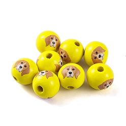 Gold Wood European Beads, Round with Dog Pattern, Gold, 16x15mm, Hole: 4.5mm