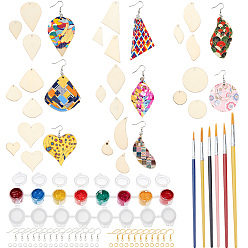 Antique White DIY Dangle Earring Makings, with Unfinished Wood Pendants, Iron Earring Hooks, Plastic Art Brushes Pen Sets & Paint Pots Strips, Mixed Shapes, Antique White, Pendants: 92pcs/set
