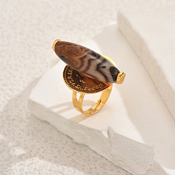 Золотой Латунь с натуральным агатом регулируемые кольца для женщин, монета, золотые, 34 мм, внутренний диаметр: 16мм~18мм