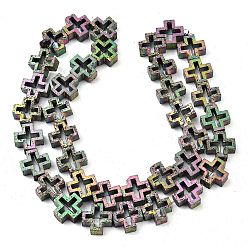 (966) Внутренний цвет Кристалл / Лиловато-лиловый на подкладке Гальванические бусины из натуральной лавы, полый крест, с покрытием цвета радуги, 10~10.5x10~10.5x4~4.5 мм, отверстие : 1 мм, около 35~37 шт / нитка, 14.96''~15.75'' (38~40 см)