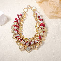Золотой Женские ожерелья с подвеской в виде сердца из искусственного жемчуга, украшенного бисером и напечатанным полиэстеровым шнуром, сплавом кристаллов и страз, красные, золотые, 17.72 дюйм (45 см)