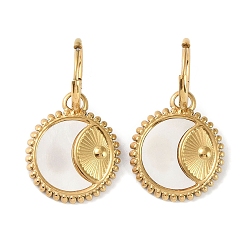 Real 18K Gold Plated Flat Round with Moon 304 Stainless Steel Shell Stud Earrings, Dangle Earrings for Women, Real 18K Gold Plated, 37x21mm