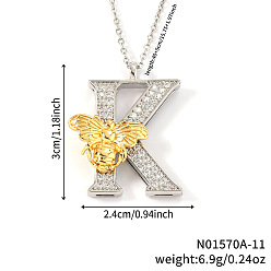 Letter K Подвеска в виде пчелы с микропаве из прозрачного кубического циркония в виде микрофибры, латунная, с инициалами., платиной и золотом, Письмо K, 15.75 дюйм (40 см), Кулон : 30x24 мм