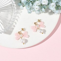 Pink Glass Seed Bead and Shell Pearl Bead Dangle Earrings, Bowknot, Brass Stud Earrings for Women, Pink, 27~28x22~23mm