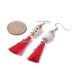 Red Synthetic Turquoise Skull Dangle Earrings, 316 Surgical Stainless Steel Tassel Earrings for Halloween, Red, 77~79mm, Pin: 0.7mm