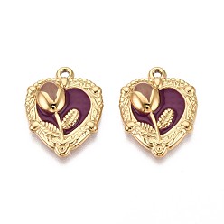 Фиолетовый 304 подвески из нержавеющей стали и эмали, сердце с цветочными подвесками, ионное покрытие (ip), реальный 18 k позолоченный, фиолетовые, 24x18x3.5 мм, отверстие : 1.5~1.6 мм