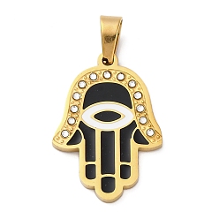 Черный 304 из нержавеющей стали горный хрусталь подвески, с эмалью, реальный 18 k позолоченный, вакуумное покрытие pvd, рука хамса с шармом в виде глаза, чёрные, 27x19x2 мм, отверстие : 4x6.5 мм