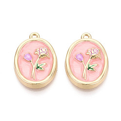 Pink Стойки обшивки сплава эмали подвески, овал с цветочными подвесками, без кадмия, без никеля и без свинца, золотые, розовые, 26x18x4~5 мм, отверстие : 1.6~1.8 мм