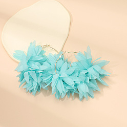 Темно-бирюзовый Серьги-кольца из сплава ткани, цветок, платина, темные бирюзовый, 100x110 мм