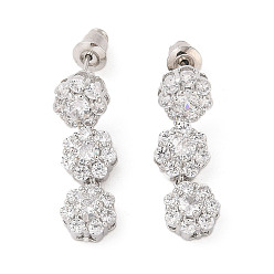 Прозрачный Серьги-гвоздики из латуни с микропаве из кубического циркония, долговечный, цветок, прозрачные, 25.5x8 мм