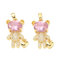 Бледно-Розовый Латунные микро проложить кубического циркония подвески, без кадмия и без свинца, медведь и сердце, реальный 18 k позолоченный, розовый жемчуг, 21x15x5.5 мм, отверстие : 5x3 мм