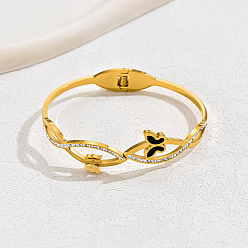 Real 18K Gold Plated 201 Stainless Steel Micro Pave Cubic Zirconia Hinged Bangles, with Shell Butterfly, for Women, Real 18K Gold Plated, Inner Diameter: 2-3/8 inch(6cm)