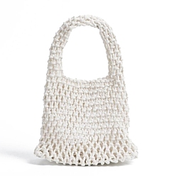 White Woven Cotton Handbags, Women's Net Bags, Shoulder Bags, White, 30x21x8cm