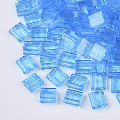 Deep Sky Blue 2-Hole Baking Paint Transparent Glass Seed Beads, Rectangle, Deep Sky Blue, 5x4.5~5.5x2~2.5mm, Hole: 0.5~0.8mm