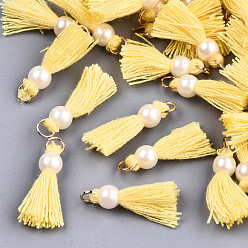 Желтый Кулон с кисточкой из поликоттона (полиэстер), мини-кисточка, с железной фурнитурой золотистого цвета и имитацией жемчуга из абс-пластика, желтые, 23 мм, Перейти кольцо: 5x0.8 мм, 3.4 мм внутренним диаметром