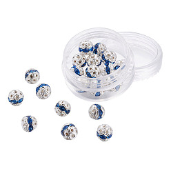 Свет Сапфира Латунные бусины со стразами , класс А, серебрянный металл, круглые, света сапфир, 8 мм, отверстия: 1 мм, 20 шт / коробка
