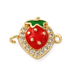 Настоящее золото 18K Латунные микропаве прозрачные кубические цирконии фруктовые соединители подвески, зеленые и красные эмалевые клубничные звенья, стойки покрытие, долговечный, без кадмия и без свинца, реальный 18 k позолоченный, 12x15x3 мм, отверстия : 1.2 mm и 1.5 мм