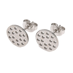 Нержавеющая Сталь Цвет 304 Выводы серьги из нержавеющей стали шпилька, плоский круг с сотами, цвет нержавеющей стали, 12x10 мм, штифты : 0.7 мм