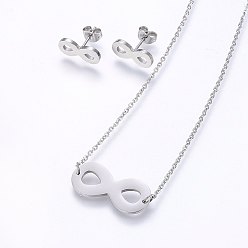 Couleur Acier Inoxydable Ensembles de bijoux en acier inoxydable résistants au ternissement, Boucles d'oreilles et pendentifs, infini, couleur inox, collier: 304 pouces (18.9 cm), boucles d'oreille: 48mm, pin: 13x7x1.2 mm