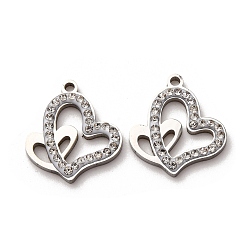 Нержавеющая Сталь Цвет 304 подвески из нержавеющей стали и глиняных страз, сердце, цвет нержавеющей стали, 18x16x2.5 мм, отверстие : 1.6 мм