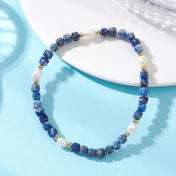 Ляпис-Лазурь Браслеты из натуральных кубических бусин лазурита для женщин, с овальным жемчугом и латунными бусинами, реальный 18 k позолоченный, внутренний диаметр: 2.48 дюйм (6.3 см)