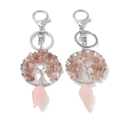 Rose Quartz Natural Rose Quartz Keychain, with Platinum Brass & Iron Findings, Long-Lasting Plated, Lead Free & Cadmium Free, Flat Round with Tree of Life, 15.7cm