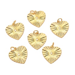 Настоящее золото 18K Латунные микропаве прозрачные подвески с фианитом, долговечный, сердце, реальный 18 k позолоченный, 18.5x18x1 мм, отверстие : 4 мм, Кольцо: 5x1 mm