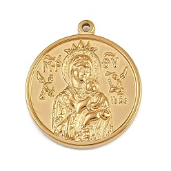 Золотой 304 подвески из нержавеющей стали, ионное покрытие (ip), плоский круг с Богоматерью неустанной помощи, золотые, 31x27x4 мм, отверстие : 1.6 мм